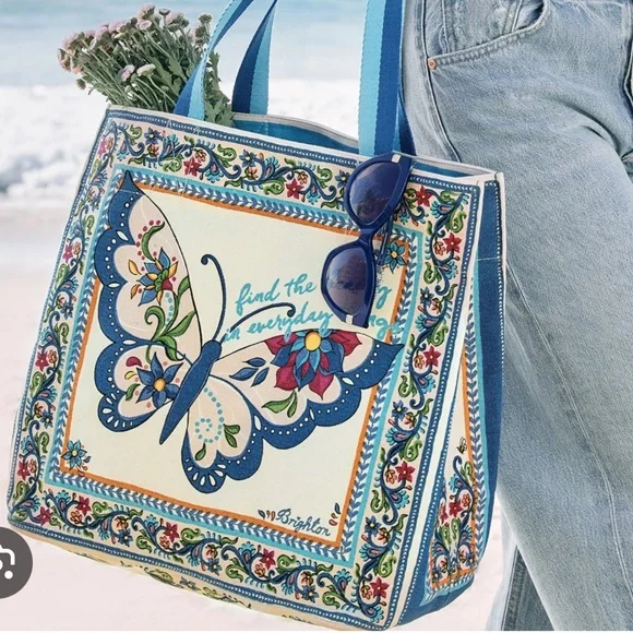 Brighton NWT Butterfly Garden Tote OS Blue Pink Canvas Shoulder Bag - Picture 1 of 8